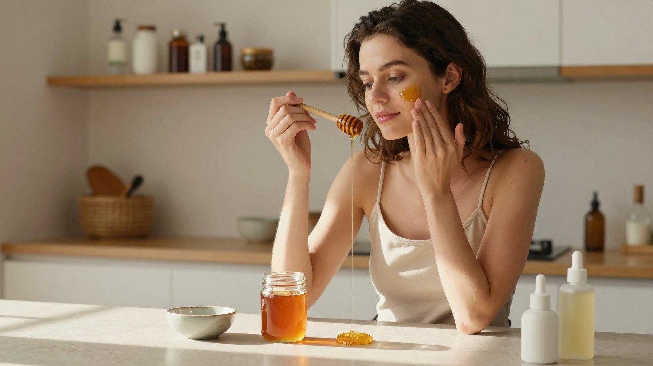 Mulher aplicando mel no rosto como tratamento de cuidado natural para a pele na cozinha.