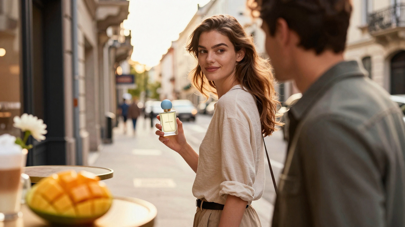 Mulher segurando perfume enquanto olha para homem em rua com luz suave ao entardecer.