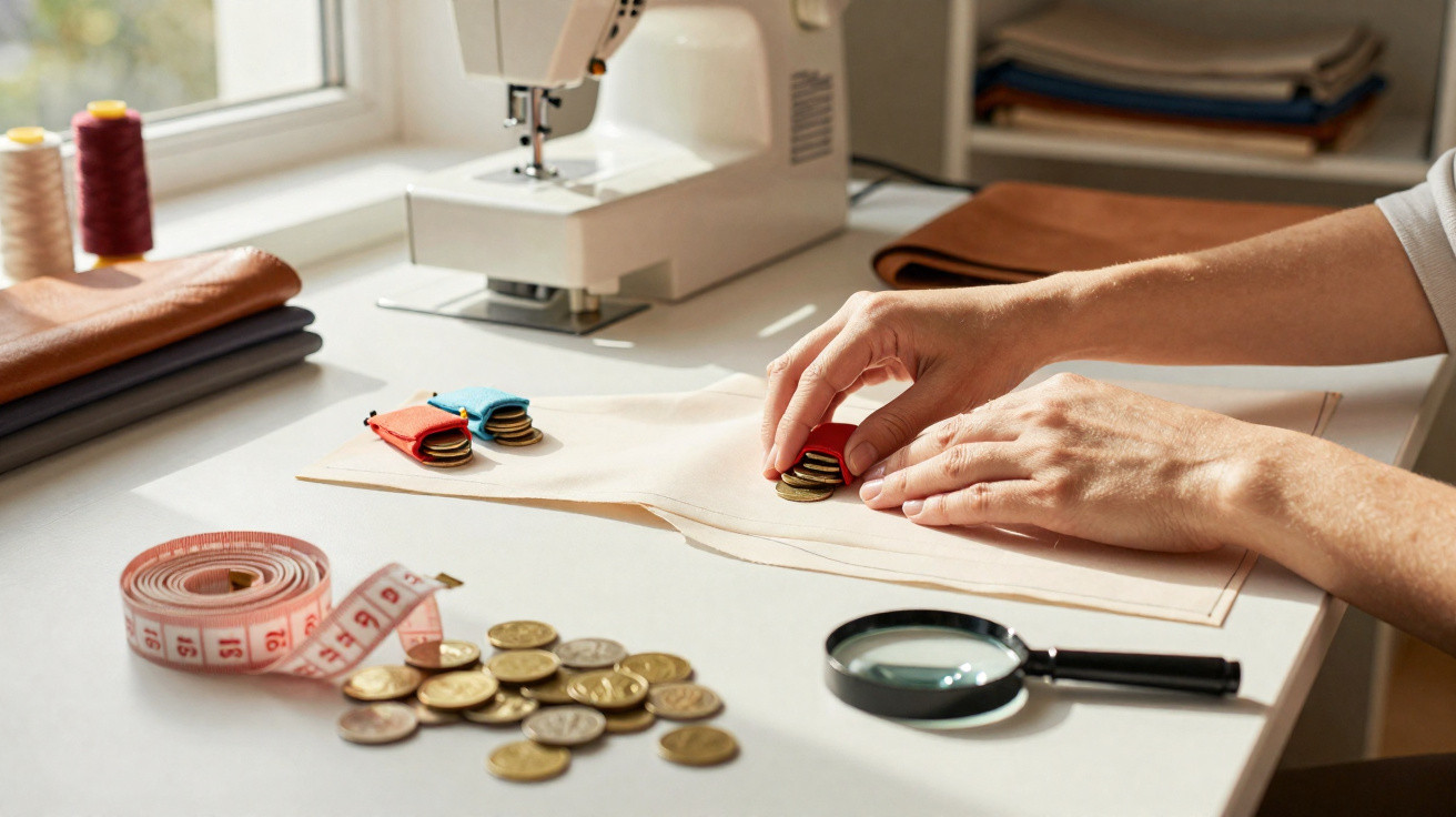 Mãos manipulando botões sobre molde de roupa, com máquina de costura, fita métrica e lupa na mesa.