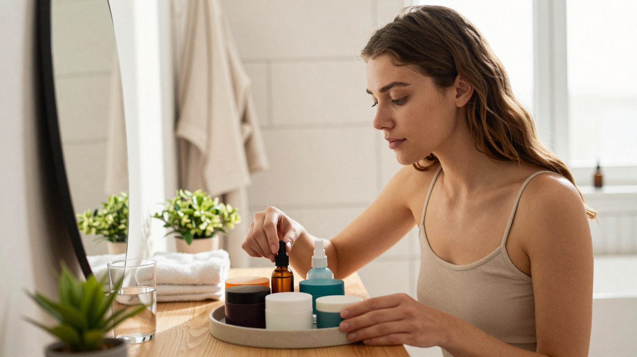 Mulher em ambiente de banheiro segurando frasco de cosmético, rosto concentrado, ao lado de espelho e plantas.