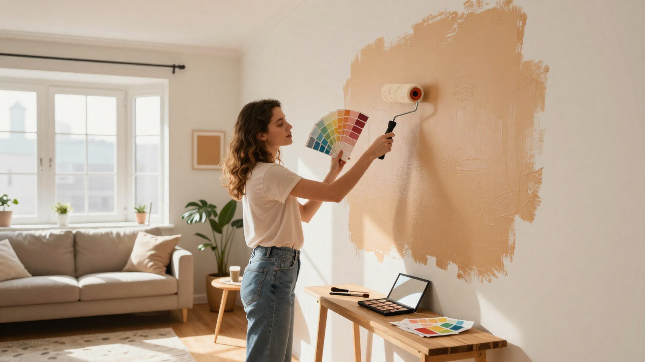 Mulher segurando paleta de cores enquanto pinta uma parede da sala com rolo de pintura bege claro.