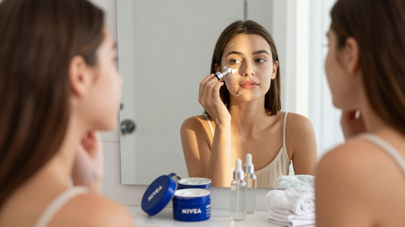 Mulher aplicando creme facial refletida em espelho, com potes de Nivea e toalhas na bancada.