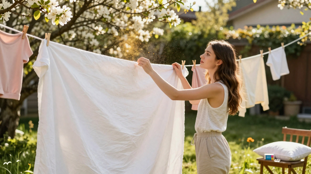 Mulher pendura roupa branca para secar em varal no jardim sob árvores floridas ao sol.