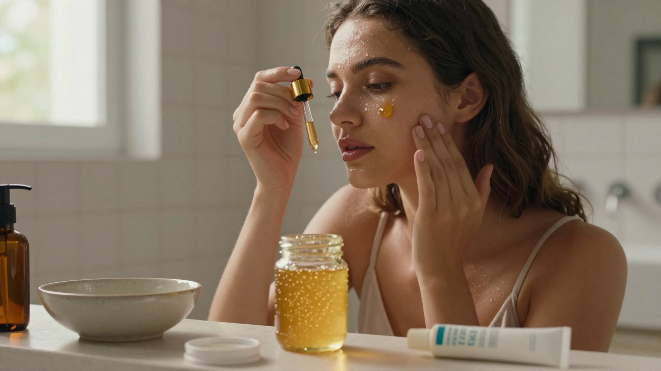 Mulher aplicando sérum facial com conta-gotas no rosto em ambiente de banheiro claro.