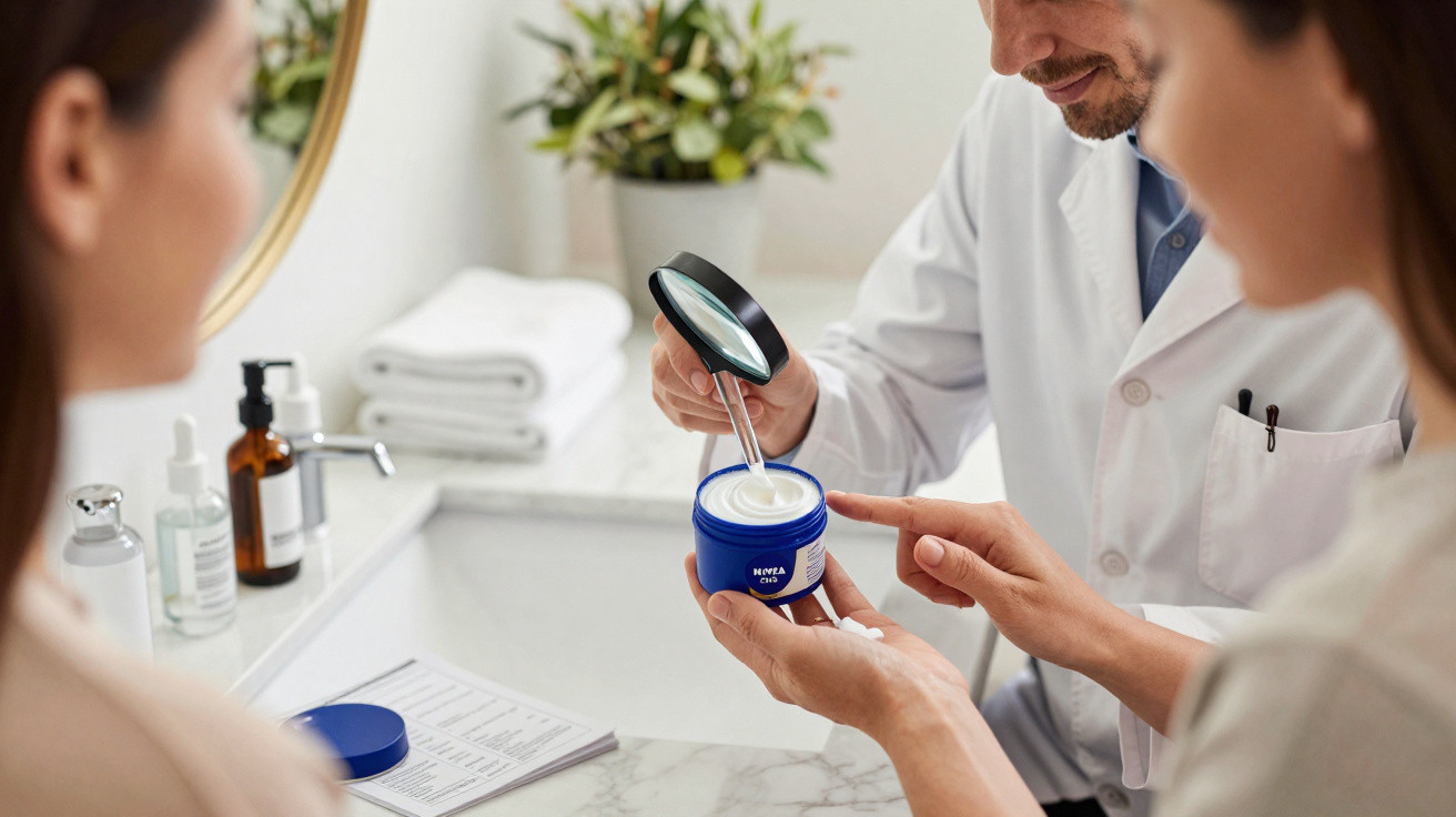 Dermatologista analisando creme facial com lupa para orientação da paciente em consultório.