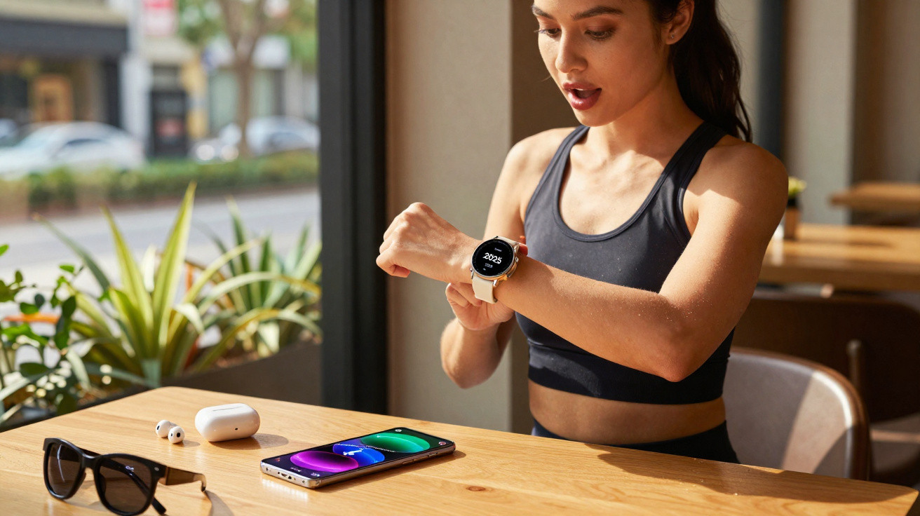 Mulher em roupa esportiva olhando para relógio smartwatch enquanto está sentada à mesa com celular e fones.