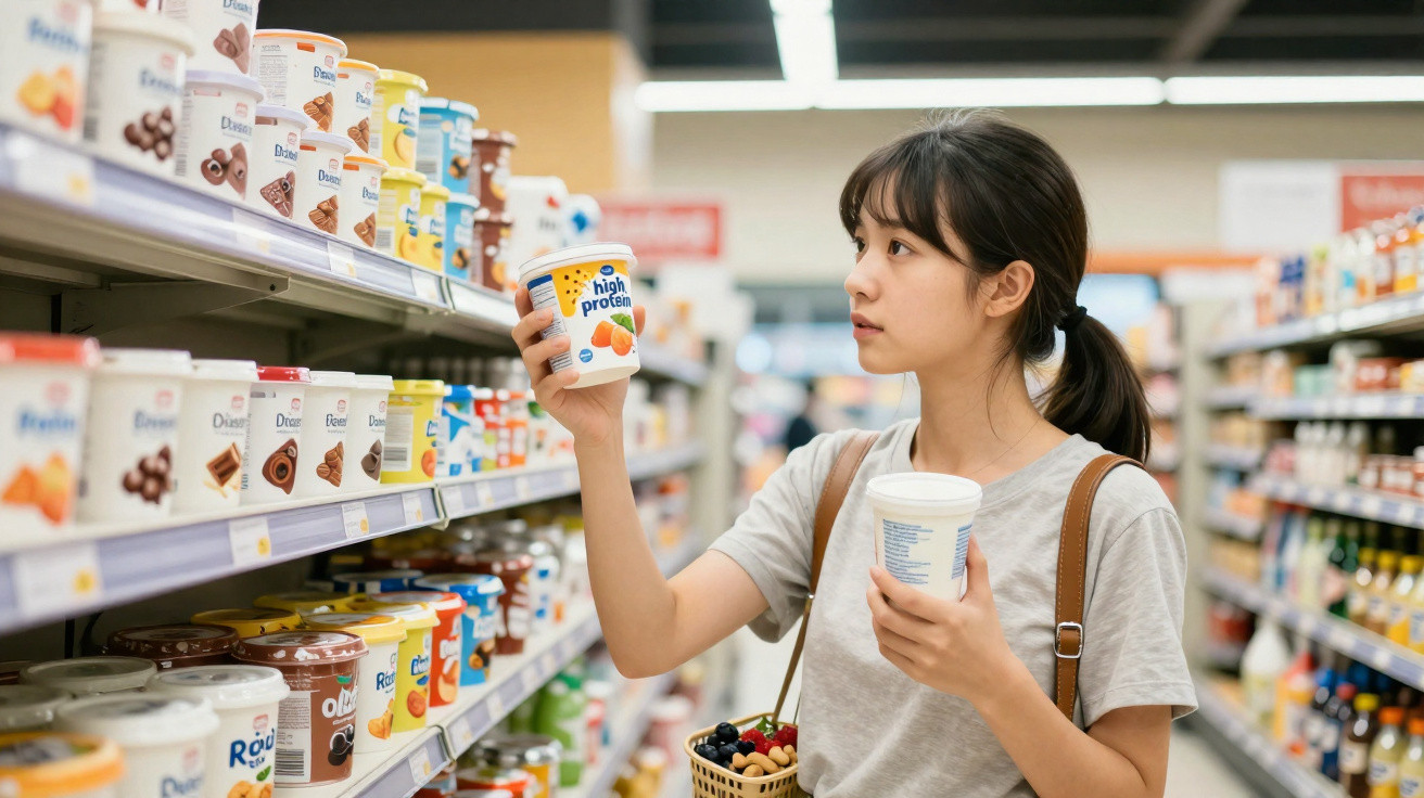 Mulher jovem escolhe iogurte na prateleira de supermercado enquanto segura outro na mão e uma cesta com frutas.