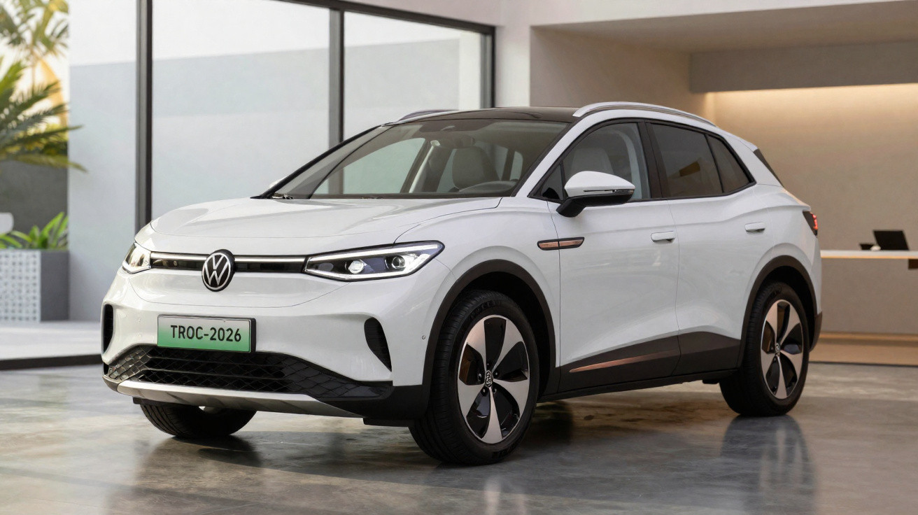 Carro elétrico Volkswagen T-Roc branco estacionado em ambiente interno moderno e iluminado.