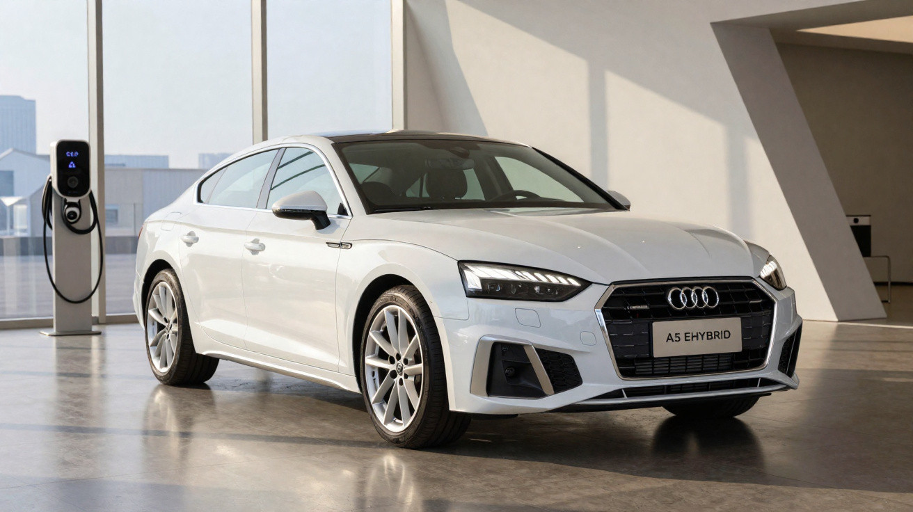 Carro sedan branco Audi A5 e-hybrid estacionado próximo a estação de recarga em ambiente interno moderno.