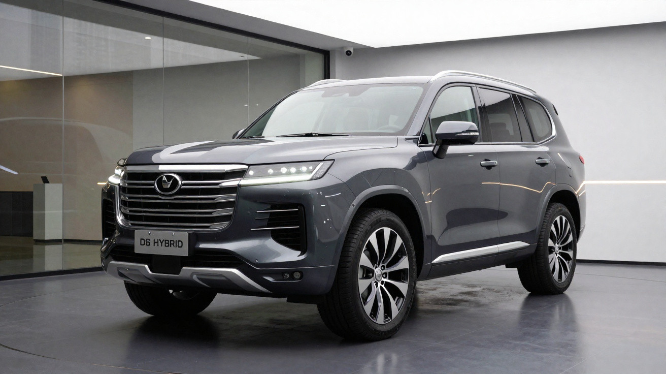 Carro SUV cinza D6 Hybrid estacionado em ambiente interno moderno com vidro e paredes brancas.