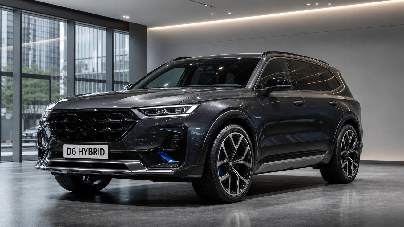 SUV preto híbrido D6 estacionado em garagem moderna com paredes cinza e janelas de vidro grandes.