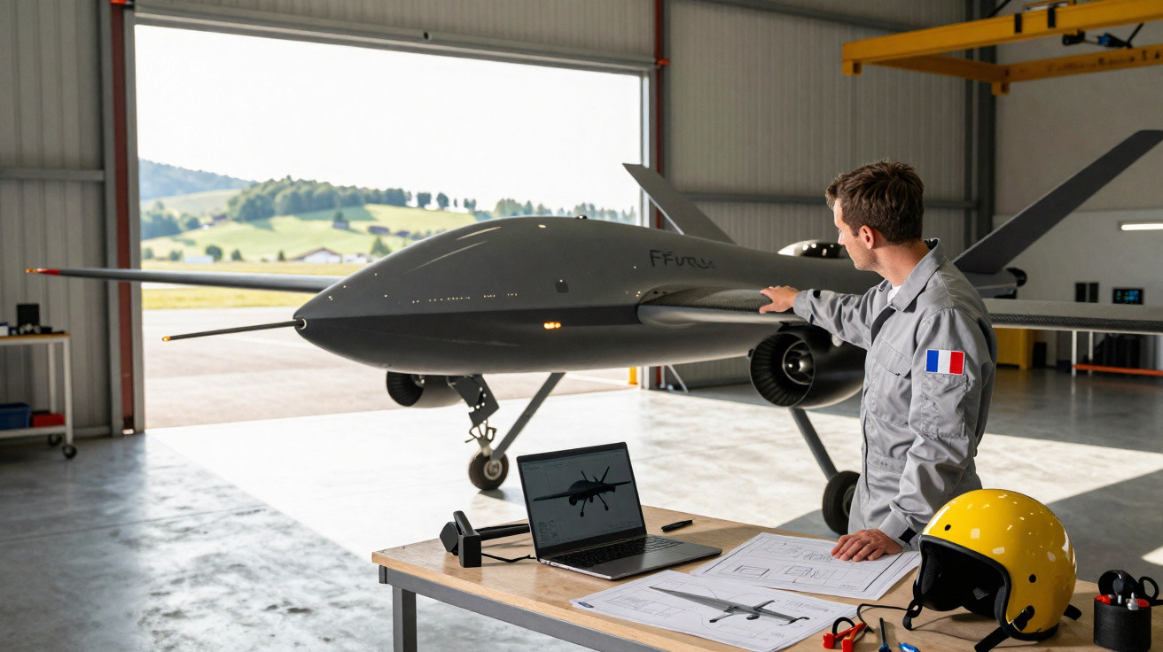 Engenheiro francês inspeciona drone grande em hangar com laptop e capacete amarelo na mesa.