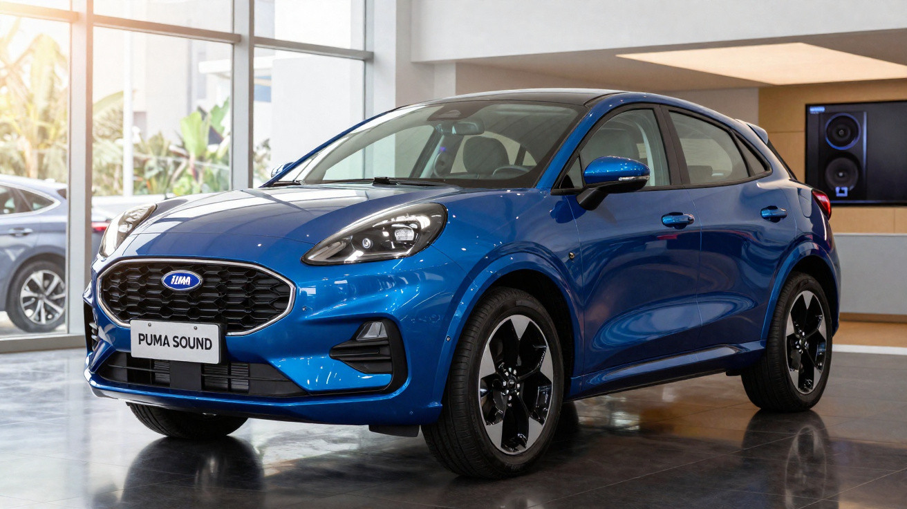 Carro hatchback azul modelo Puma Sound estacionado em showroom moderno com piso reflexivo.