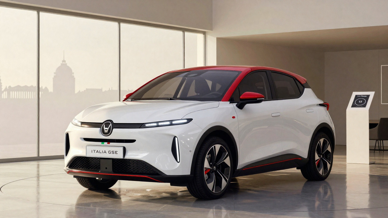Carro elétrico branco Italia GSE com teto vermelho em exposição interna moderna, vista frontal lateral.