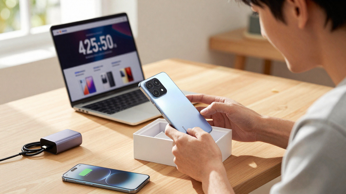 Pessoa segurando um smartphone azul próximo a uma caixa aberta, com outro celular e notebook ao fundo na mesa.