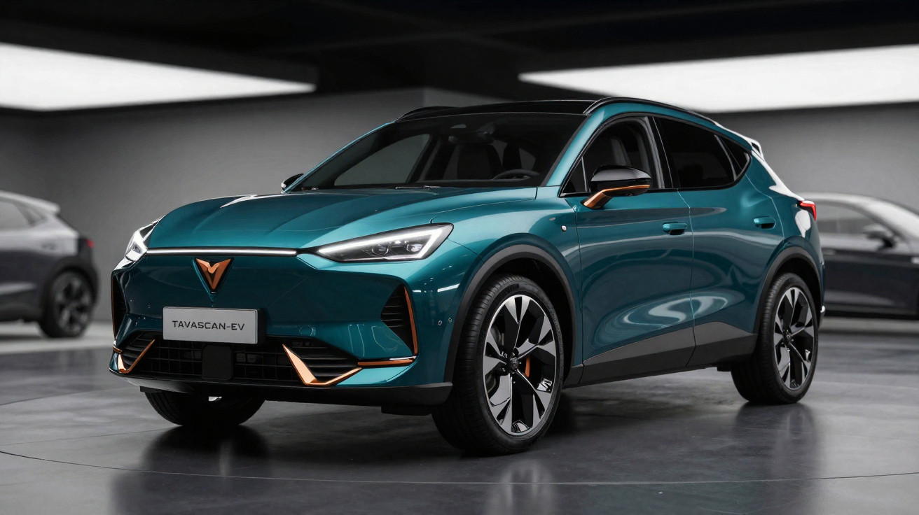 Carro SUV elétrico Cupra Tavascan EV azul em exposição em ambiente moderno e iluminado.