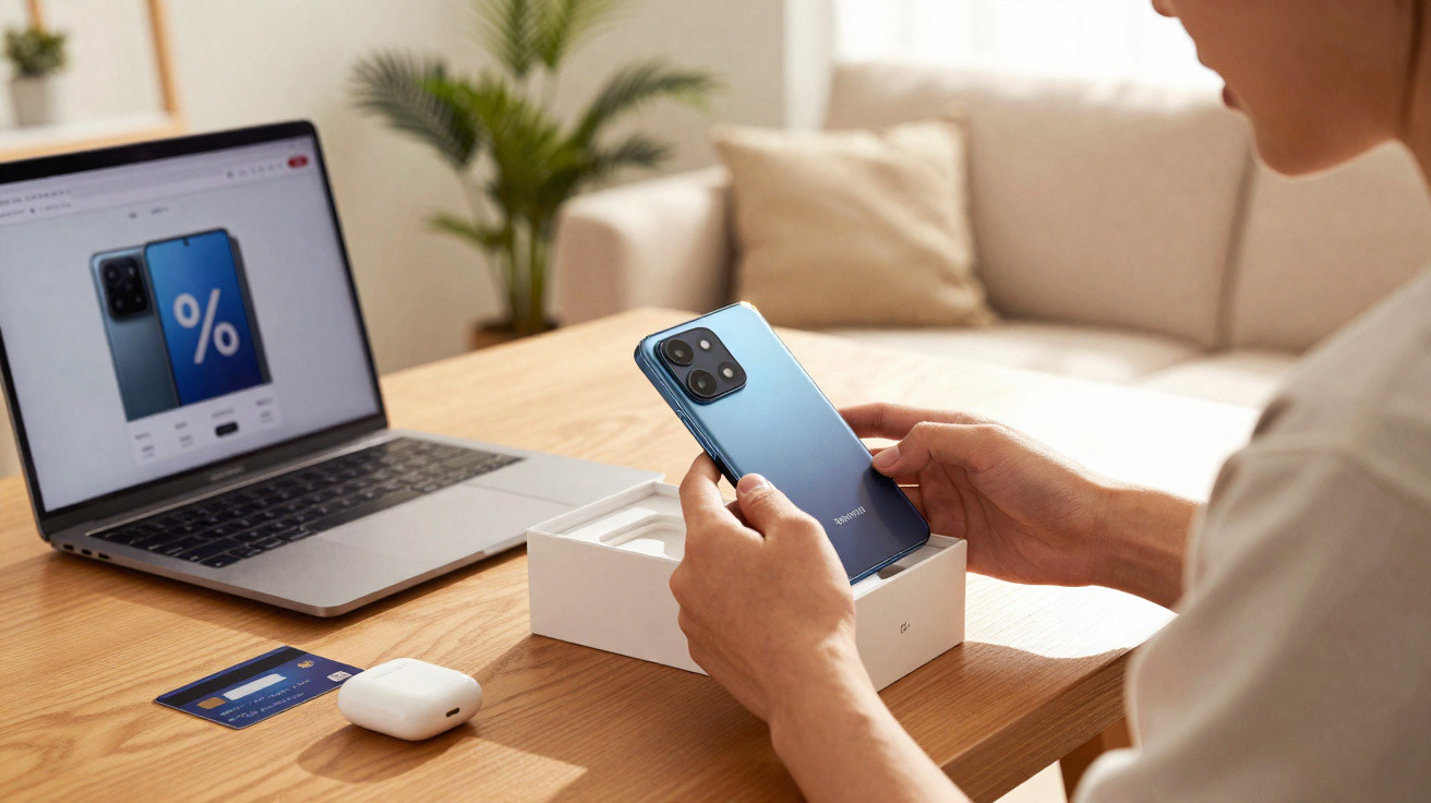 Pessoa segurando smartphone azul novo próximo a caixa, notebook com oferta e cartão de crédito numa mesa de madeira.