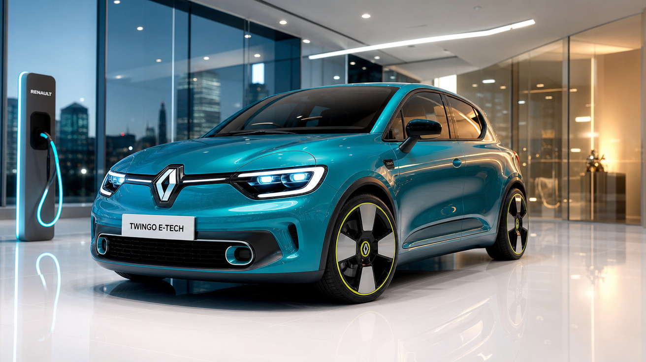 Carro elétrico Renault Twingo E-Tech azul em carregador, ambiente moderno e iluminado.