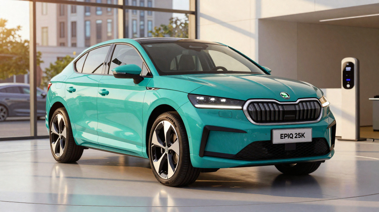 Carro elétrico verde Skoda Epiq 25K estacionado em ambiente interno moderno.