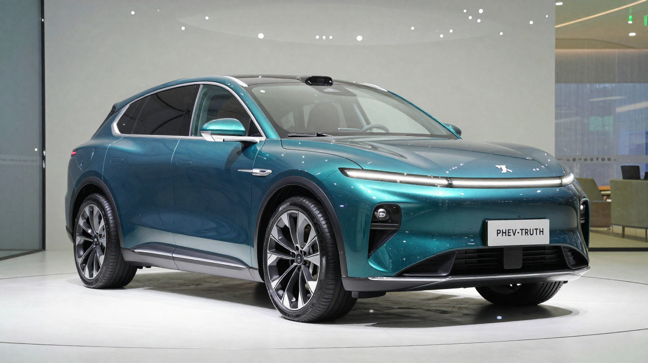 Carro elétrico SUV azul fosco em exposição, com design moderno e linhas aerodinâmicas.