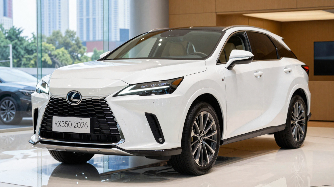 Carro SUV branco Lexus RX350 2026 exibido em showroom moderno com teto preto e rodas de liga leve.