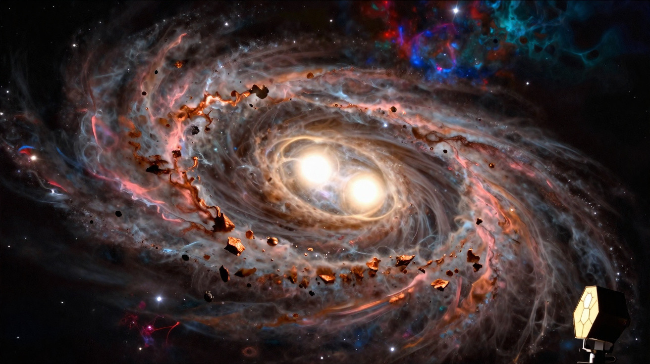 Galáxia espiral com duas estrelas brilhantes no centro e detritos ao redor vista do espaço.