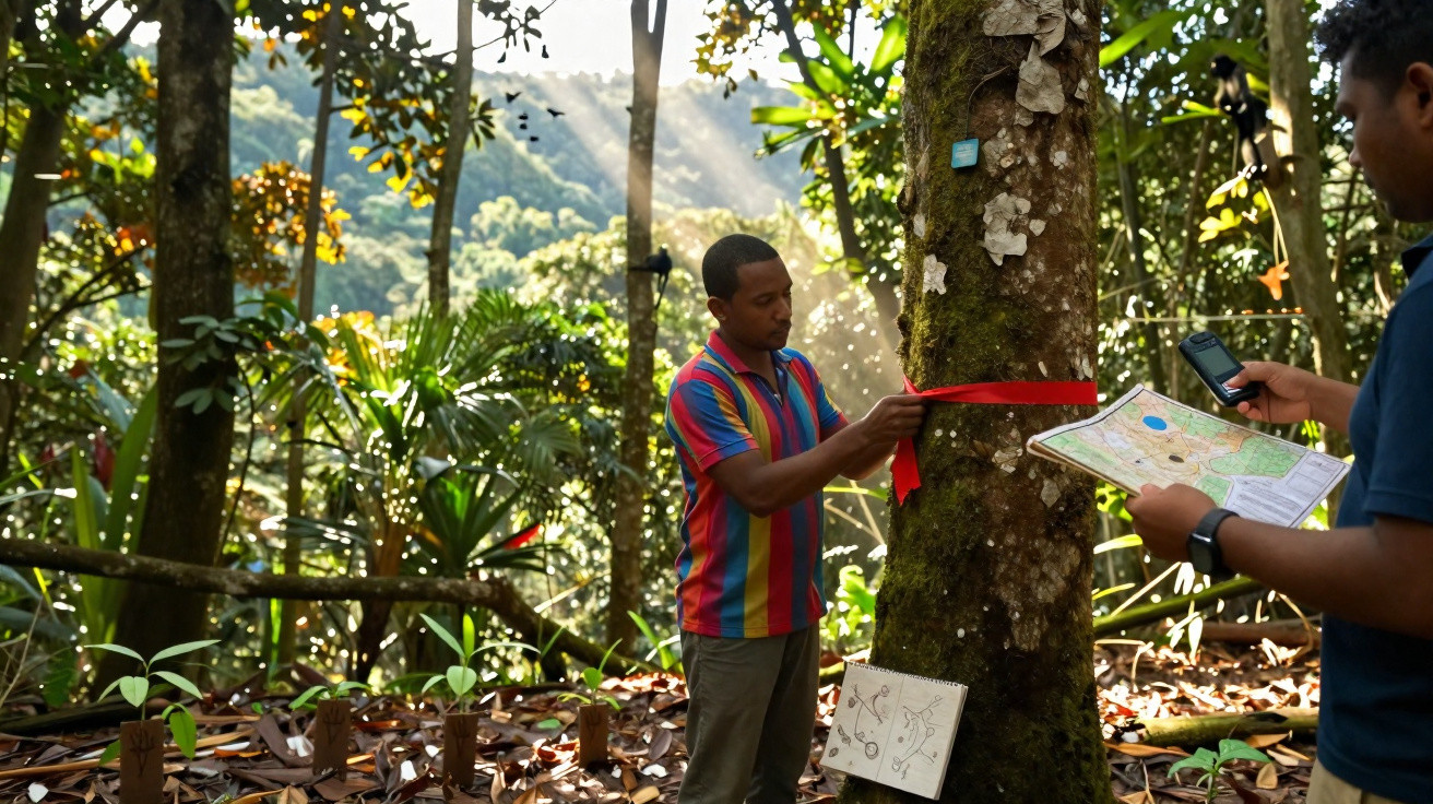 Dois homens em floresta marcam uma árvore com fita vermelha, mapas e dispositivos de navegação.