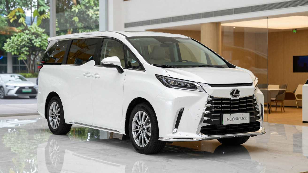 Minivan branca Lexus LM 350h estacionada em showroom moderno com portas corrediças.