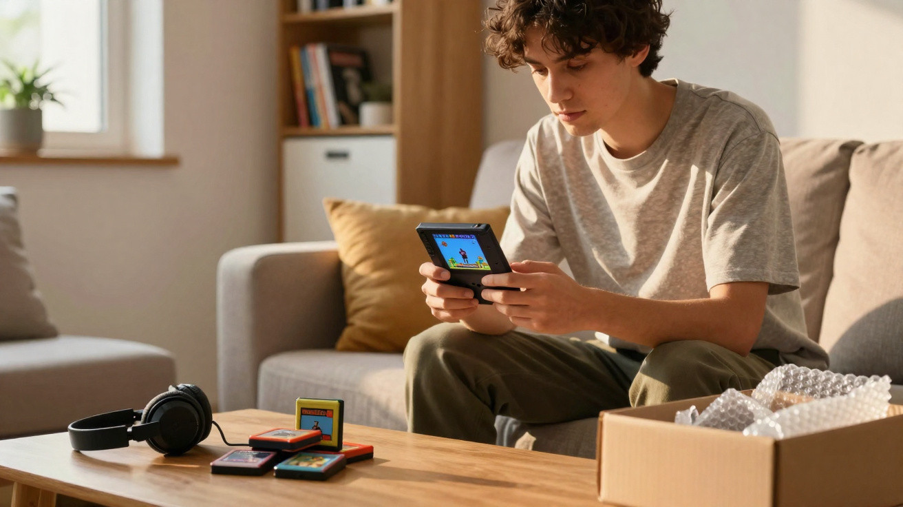 Jovem sentado no sofá jogando em console portátil com cartuchos e fones em mesa de madeira.