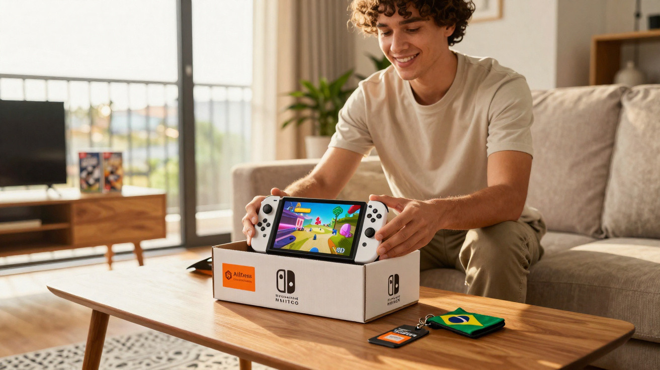 Jovem sentado em sofá manuseia Nintendo Switch recém retirado da caixa em sala iluminada.