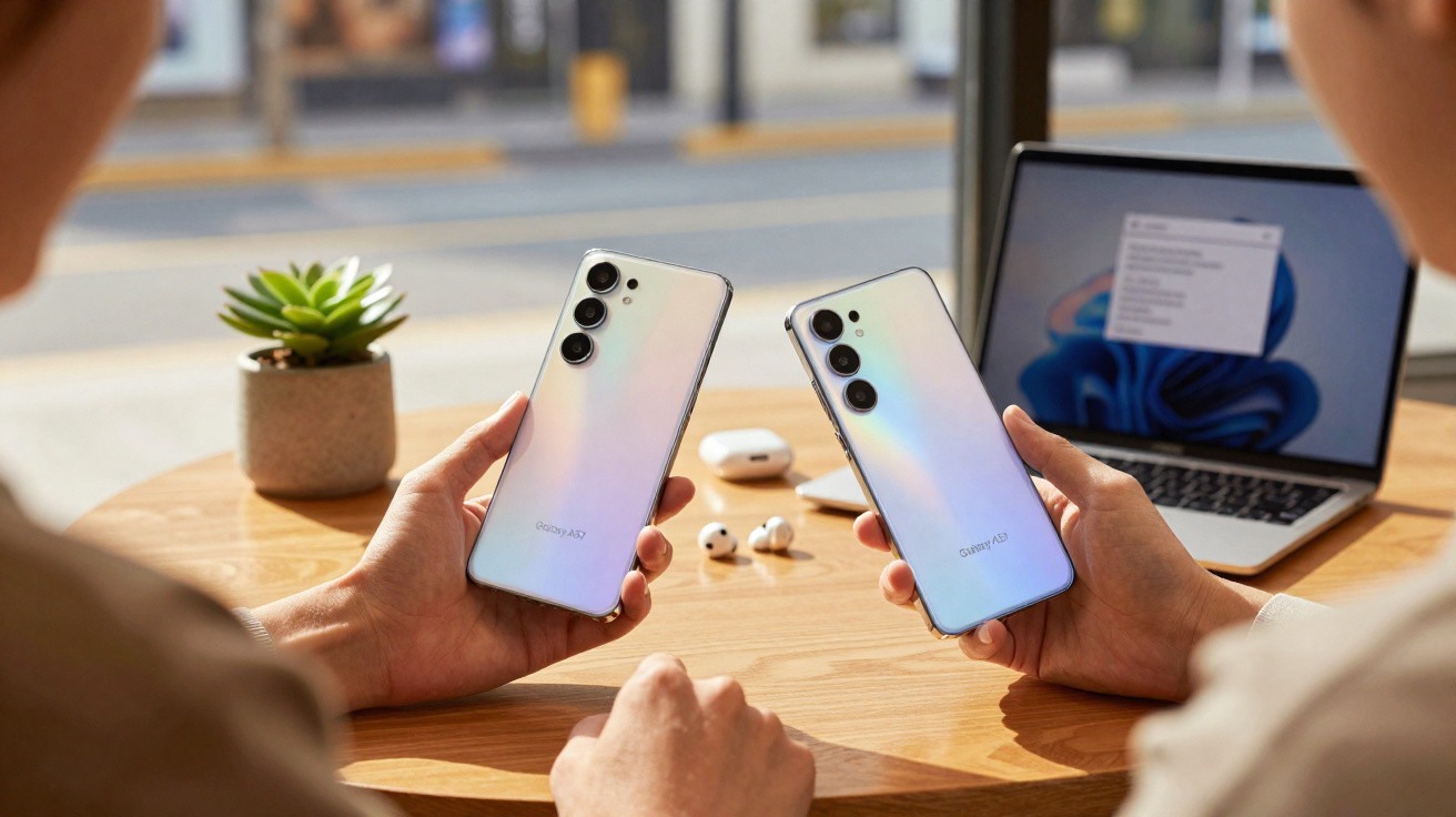 Duas pessoas segurando smartphones Samsung Galaxy A23 em mesa com notebook e fones de ouvido.