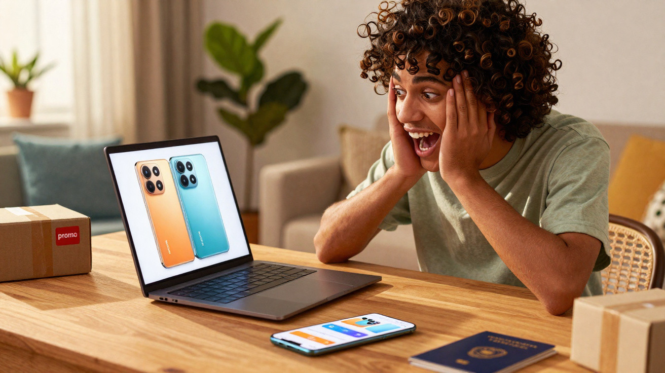 Jovem animado olhando para notebook com imagem de celulares coloridos em mesa com caixas e passaporte.