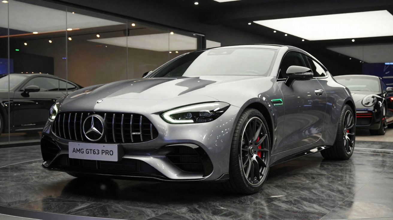 Carro esportivo Mercedes-AMG GT63 PRO cinza exibido em showroom com piso de mármore.