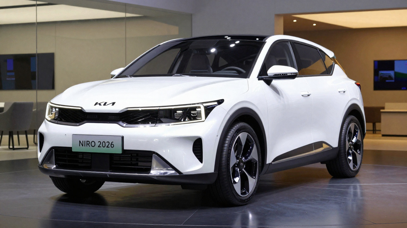 Carro elétrico branco Kia Niro 2026 exibido em ambiente interno moderno.