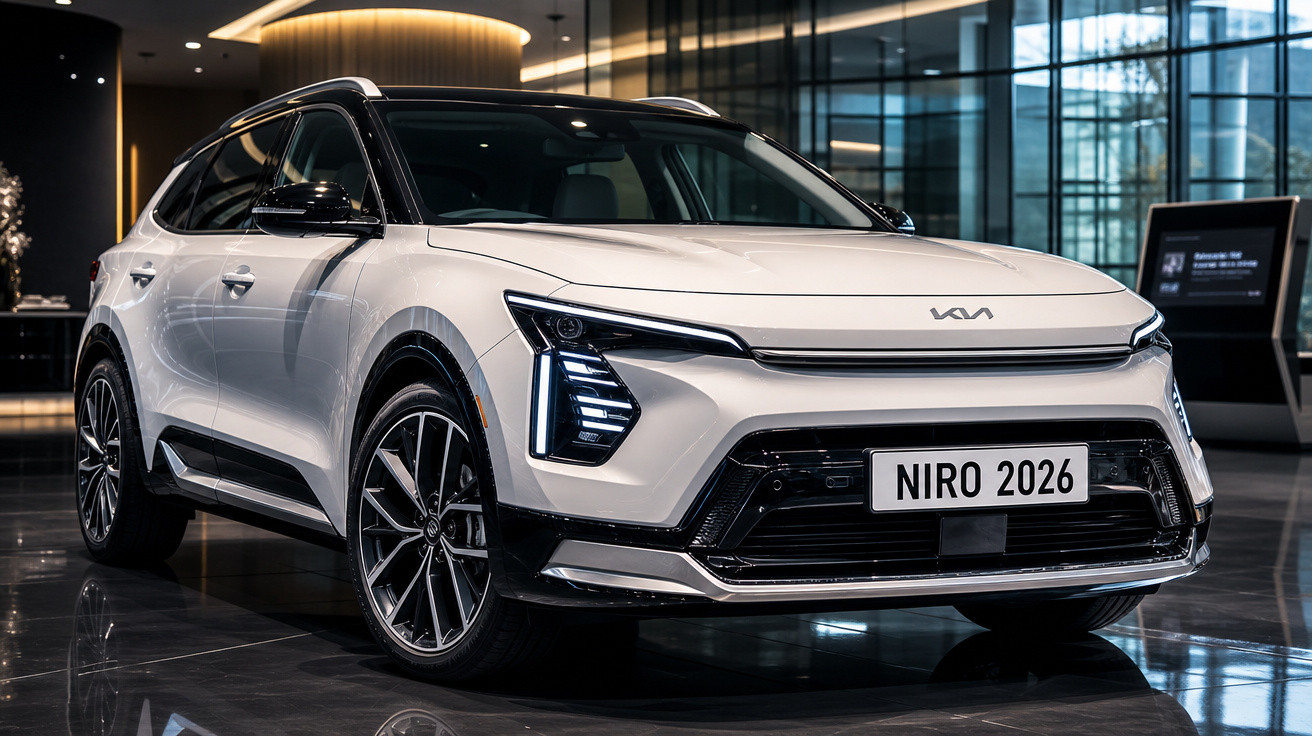 Carro elétrico branco Kia Niro 2026 em showroom moderno com piso espelhado e luzes internas.