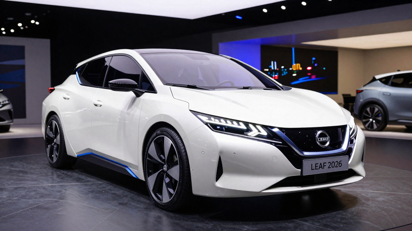 Carro elétrico branco Nissan Leaf 2026 exibido em showroom moderno.