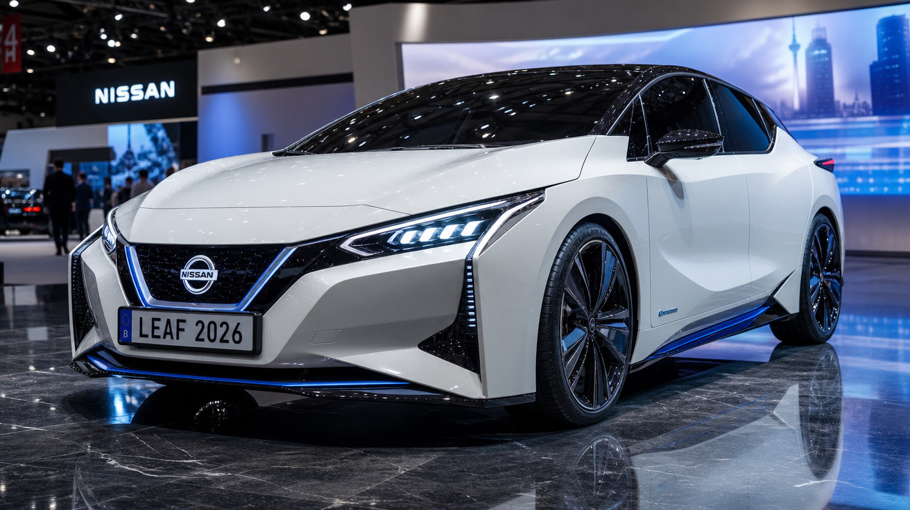 Carro elétrico Nissan Leaf 2026 branco exposto em salão de automóveis com luzes acesas.