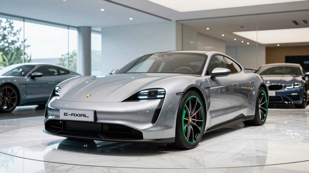 Carro esportivo elétrico prata Porsche E-Axial em showroom moderno com piso branco brilhante.