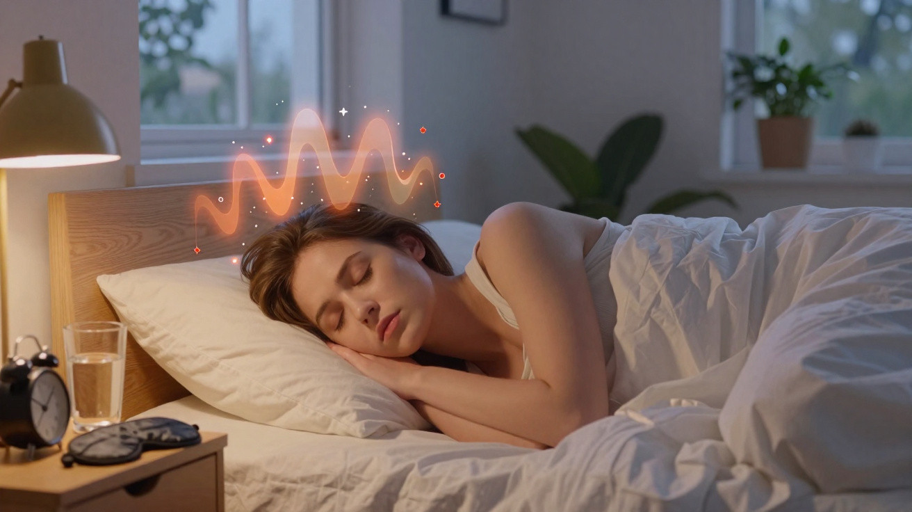 Mulher dormindo na cama com travesseiro branco e luz noturna, ao lado de mesa com relógio e copo d'água.