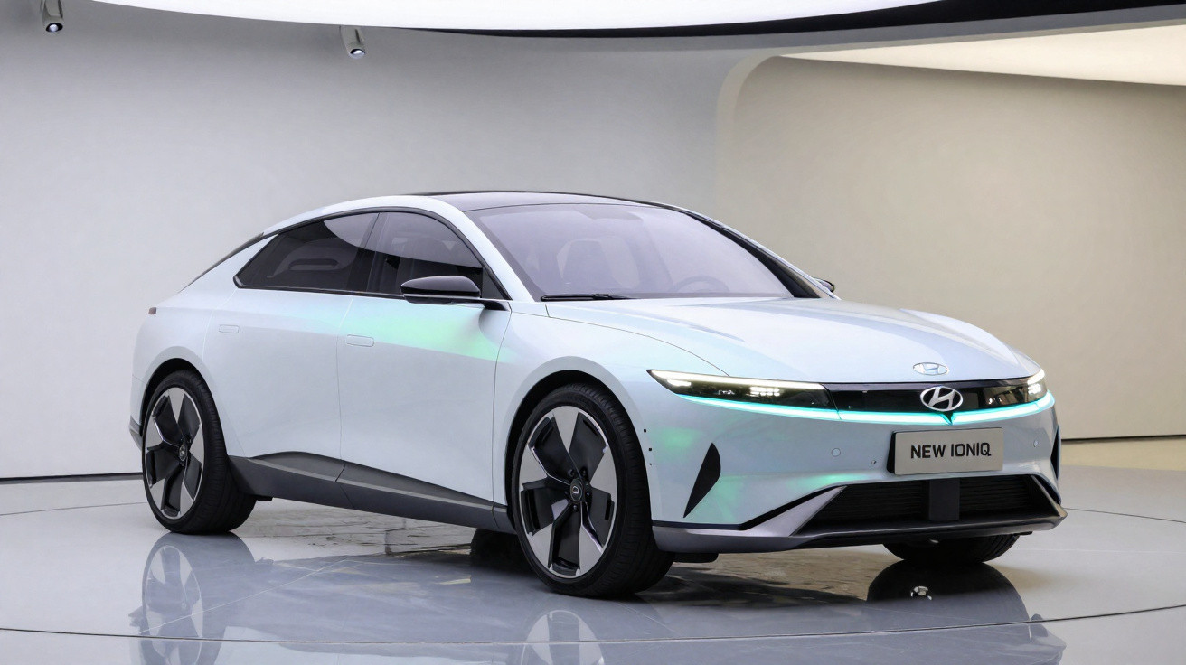 Carro elétrico Hyundai New Ioniq branco exibido em ambiente moderno e minimalista.