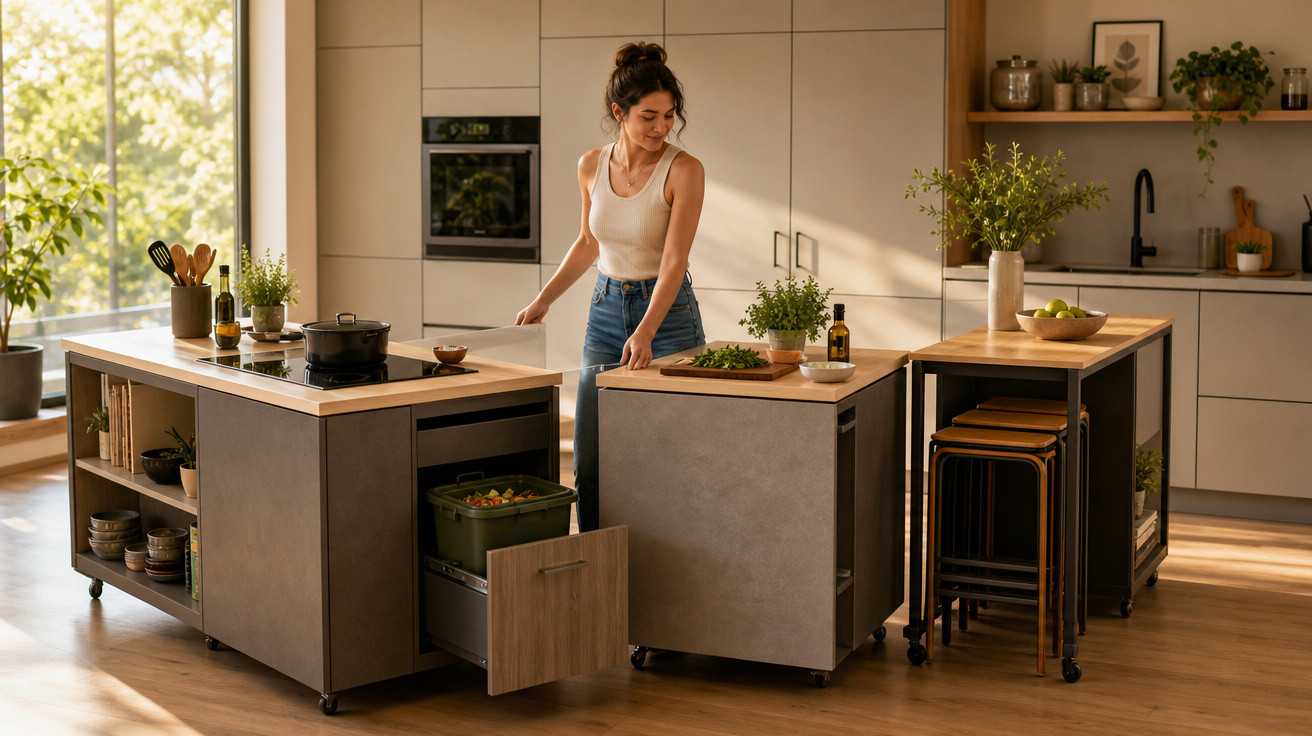 Mulher jovem preparando alimentos em cozinha moderna com ilha móvel e iluminação natural.