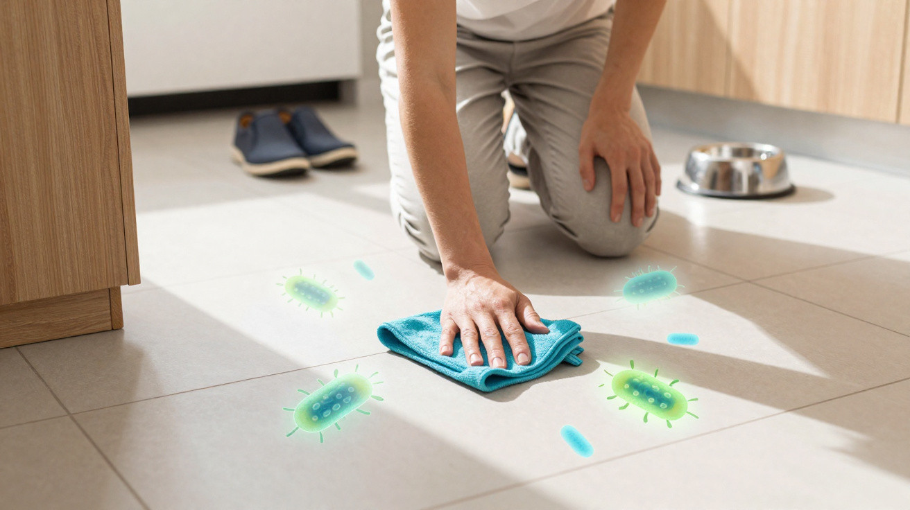 Pessoa ajoelhada limpando o chão da cozinha com pano azul e gráficos de bactérias verdes e azuis.