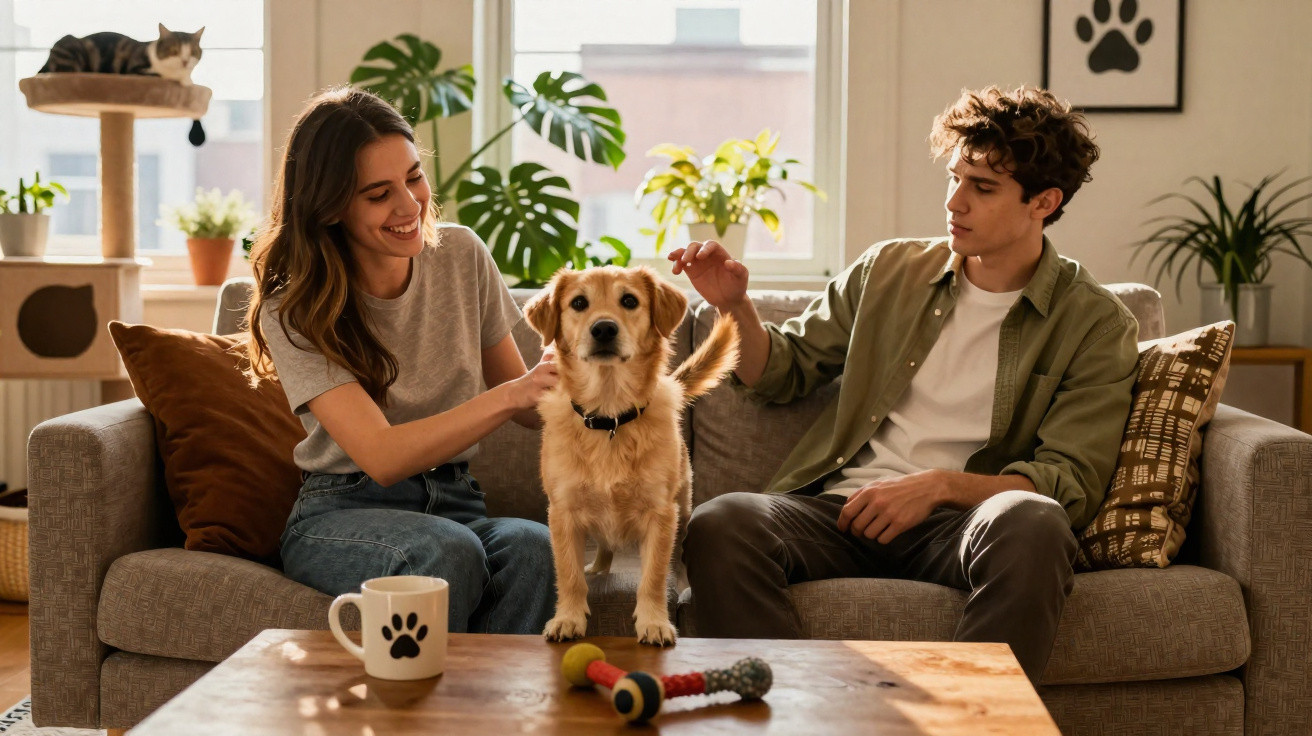 Casal sorridente sentado no sofá brincando com cachorro dourado em sala iluminada com plantas e gato.