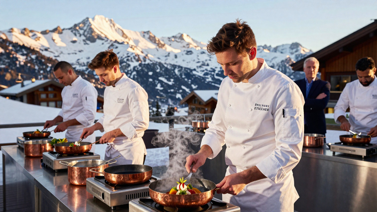 Chef preparando pratos em fogão portátil com montanhas nevadas ao fundo durante o dia.