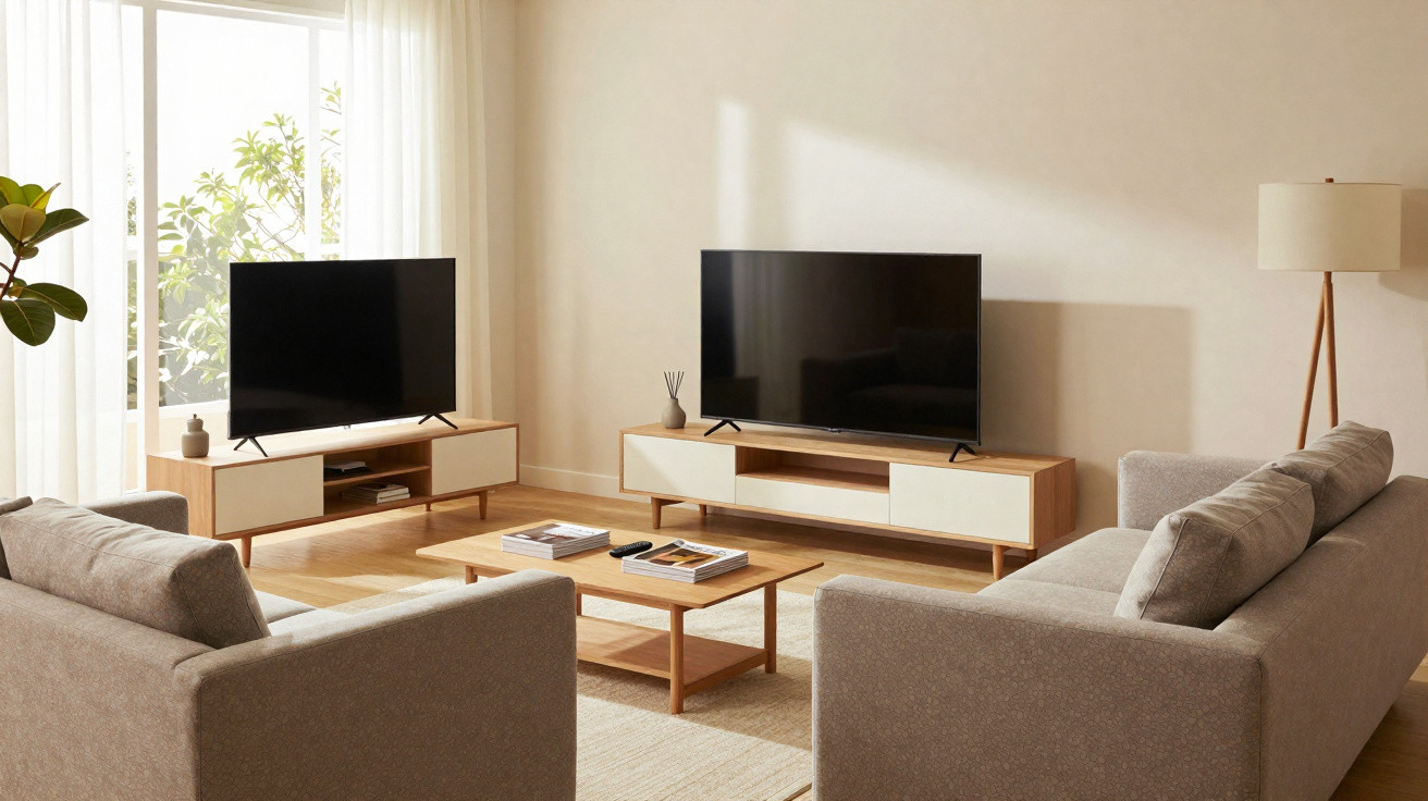 Sala de estar minimalista com dois sofás cinzas, duas TVs em racks de madeira e uma mesa de centro.