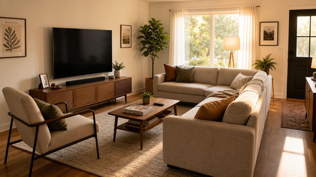 Sala de estar com sofá em L, poltrona, rack com TV, mesa de centro, plantas e luz natural pela janela.