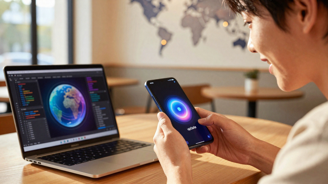 Pessoa atualizando aplicativo em smartphone, com laptop exibindo código e imagem do planeta Terra.