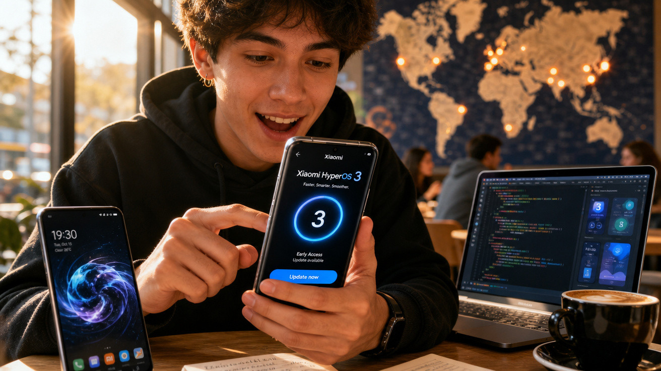 Jovem feliz mostrando smartphone com atualização Xiaomi HyperOS 3, com laptop e café na mesa.