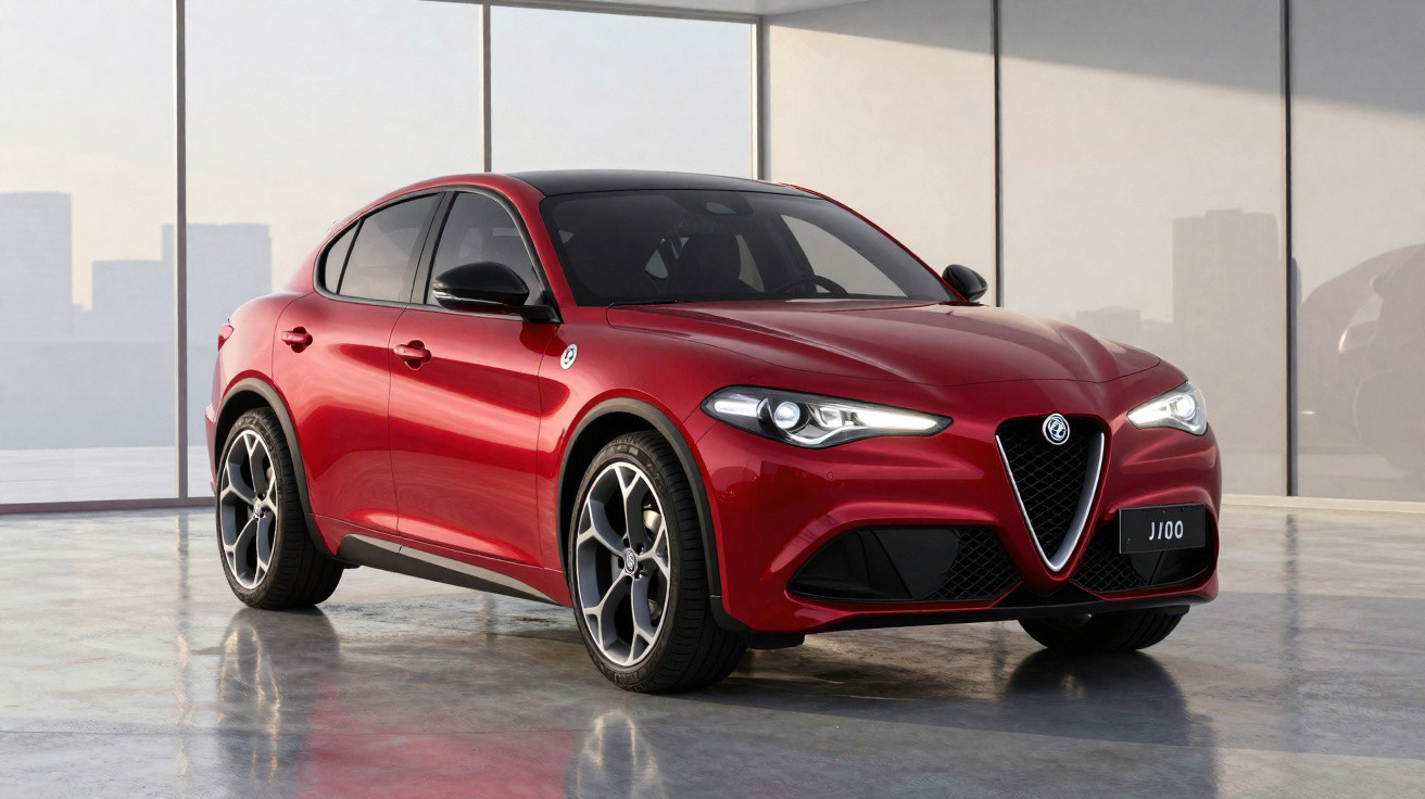 Carro esportivo vermelho Alfa Romeo Tonale estacionado em piso refletivo com parede de vidro ao fundo.