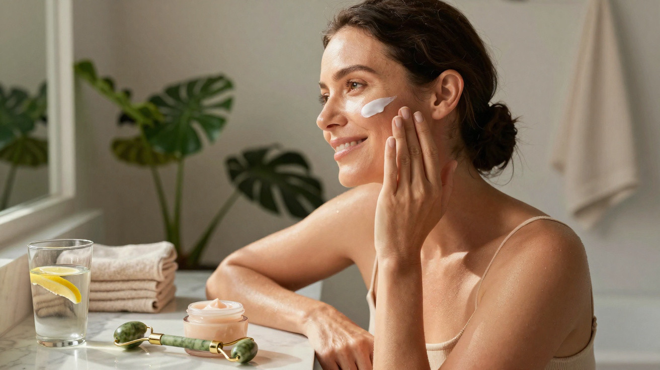 Mulher aplicando creme facial em ambiente claro, ao lado de toalhas, rolo de jade e copo com água e limão.